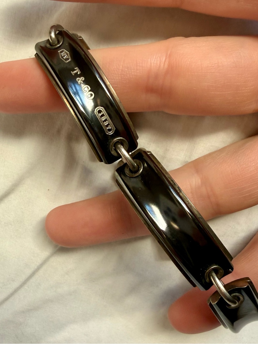 RARE Tiffany & Co. 1837 Black Titanium & Sterling Silver Bar Link Bracelet 7.5"